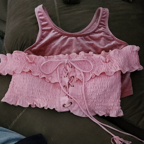 BUNDLE 2 Pink tops! Ruffled Lace-Up Crop Top And Satin Type Other - Picture 1 of 9